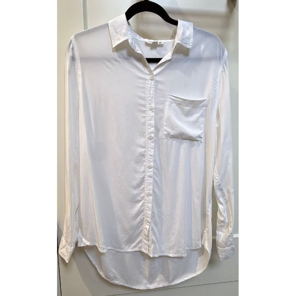 BeachLunchLounge Womens White 100% Viscose Button Down Blouse Med Collared Shirt